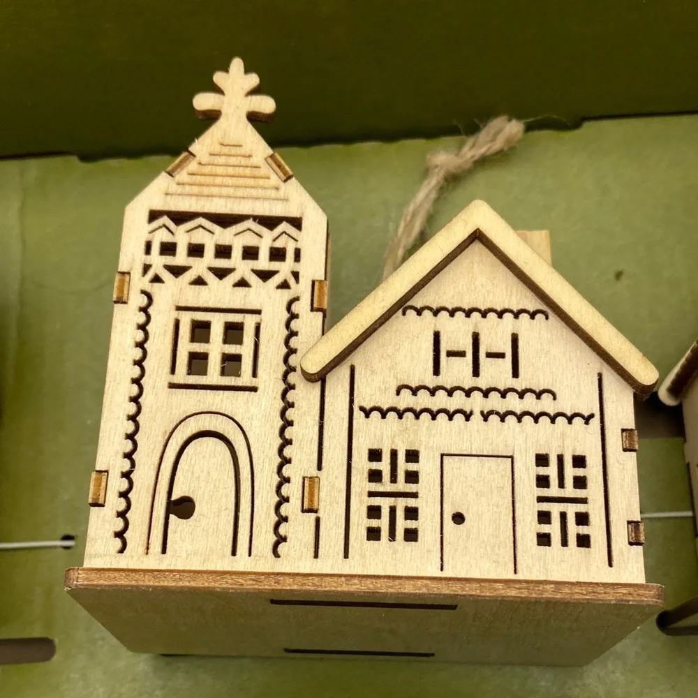 Crate&Barrel Wooden Laser Cut Christmas Village Set - Natural Brown